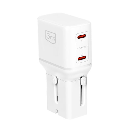 Chargeur secteur 3MK Globe Travel, 45W, 3A, 2 x USB-C, Blanc