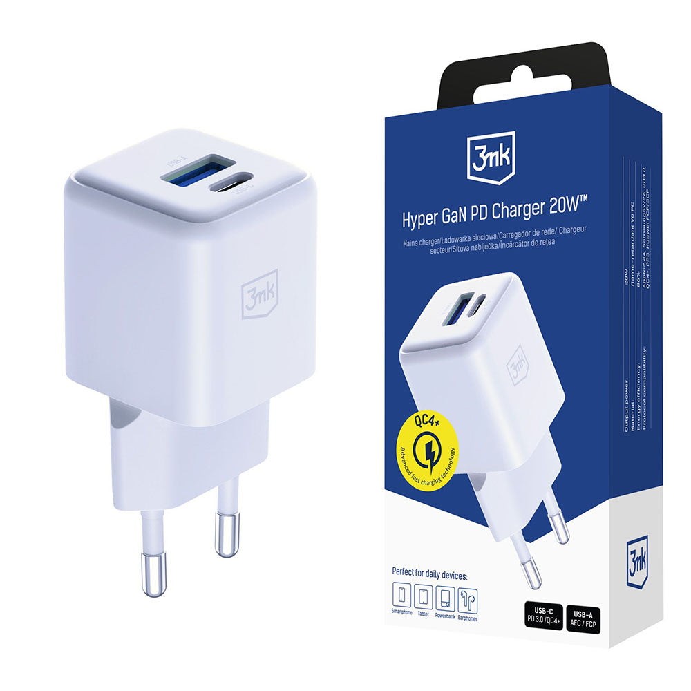 Chargeur Réseau 3MK Hyper, 20W, 3A, 1 x USB-A - 1 x USB-C, Blanc
