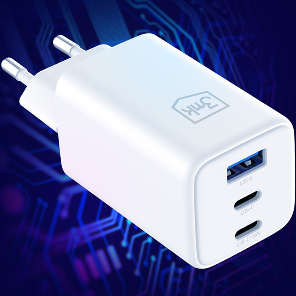 Chargeur Réseau 3MK Hyper, 65W, 3.25A, 1 x USB-A - 2 x USB-C, Blanc