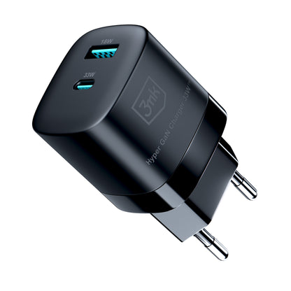 Chargeur réseau 3MK HyperCharger GaN, 33W, 3A, 1 x USB-A - 1 x USB-C, Noir 