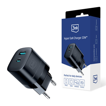 Chargeur réseau 3MK HyperCharger GaN, 33W, 3A, 1 x USB-A - 1 x USB-C, Noir 