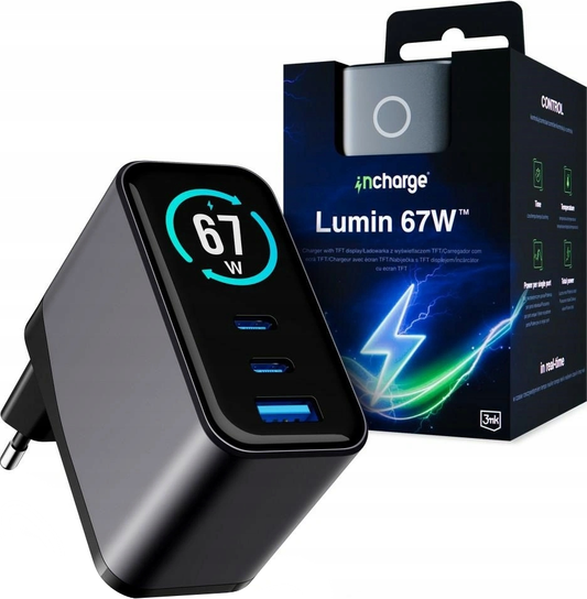 Chargeur Secteur 3MK InCharge Lumin Display, 67W, 5A, 1 x USB-A - 2 x USB-C, Noir