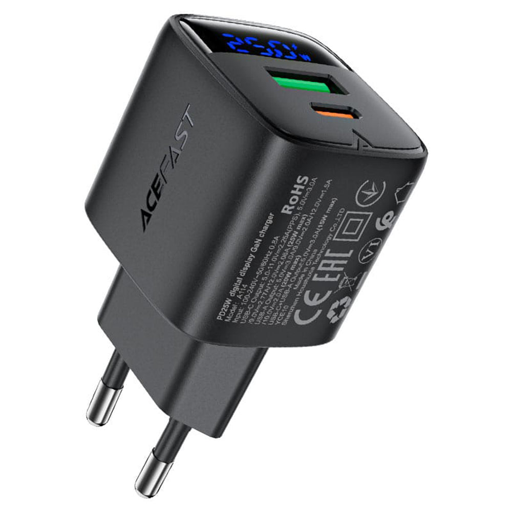 Chargeur Réseau Acefast A114 Display, 25W, 3A, 1 x USB-A - 1 x USB-C, Noir