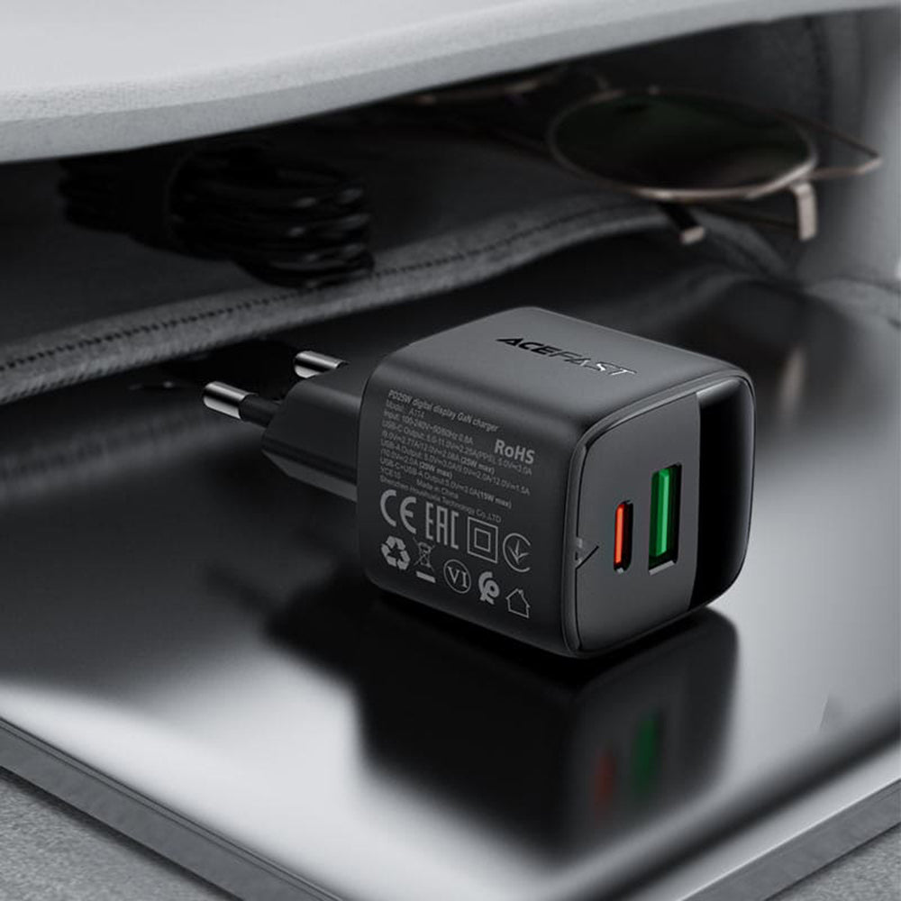 Chargeur Réseau Acefast A114 Display, 25W, 3A, 1 x USB-A - 1 x USB-C, Noir