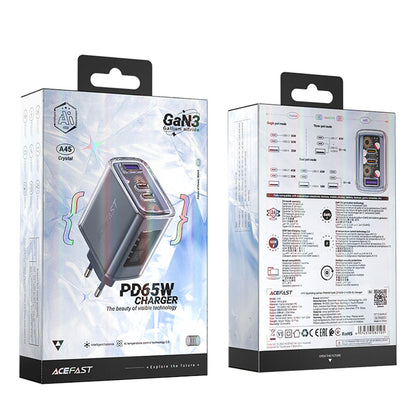 Chargeur Réseau Acefast A45 Exploration, 65W, 3.25A, 1 x USB-A - 2 x USB-C, Gris