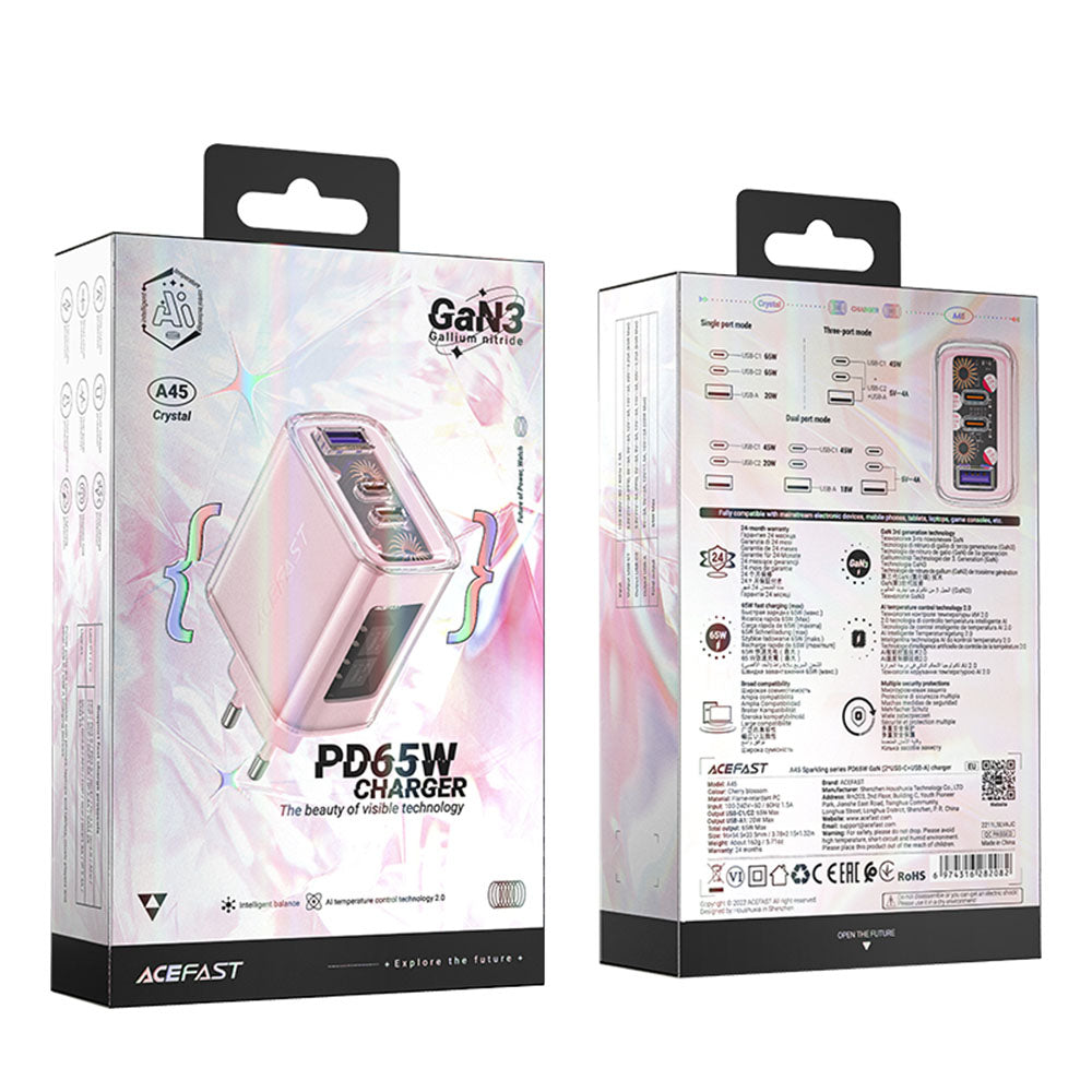 Chargeur réseau Acefast A45 Exploration, 65W, 3.25A, 1 x USB-A - 2 x USB-C, Rose