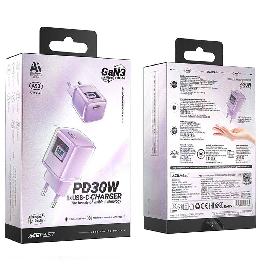 Chargeur Réseau Acefast A53 Sparkling Display, 30W, 3A, 1 x USB-C, Violet