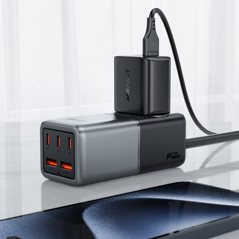 Chargeur réseau Acefast Z2 GaN, 75W, 5A, 2 x USB-A - 3 x USB-C - 1 x Schuko, Gris