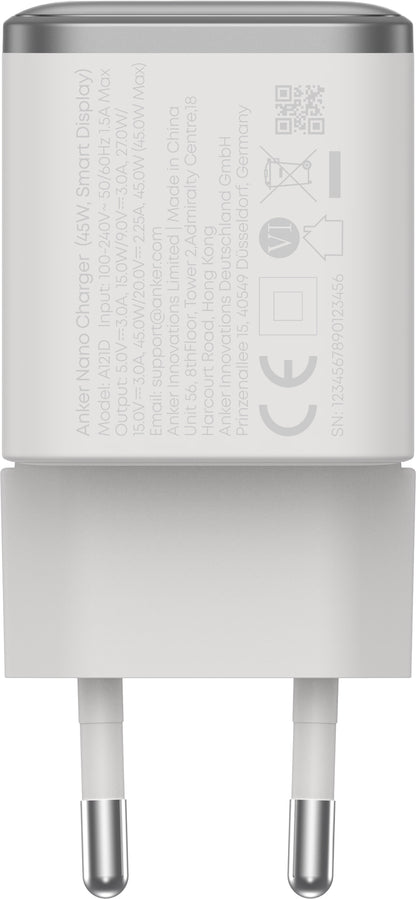 Chargeur Secteur Anker Nano Display, 45W, 3A, 1 x USB-C, Blanc A121DG21
