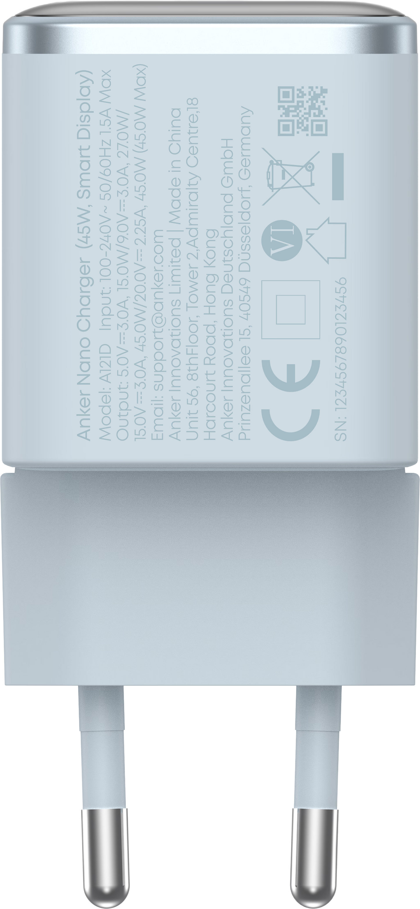 Chargeur secteur Anker Nano Display, 45W, 3A, 1 x USB-C, Bleu A121DG31