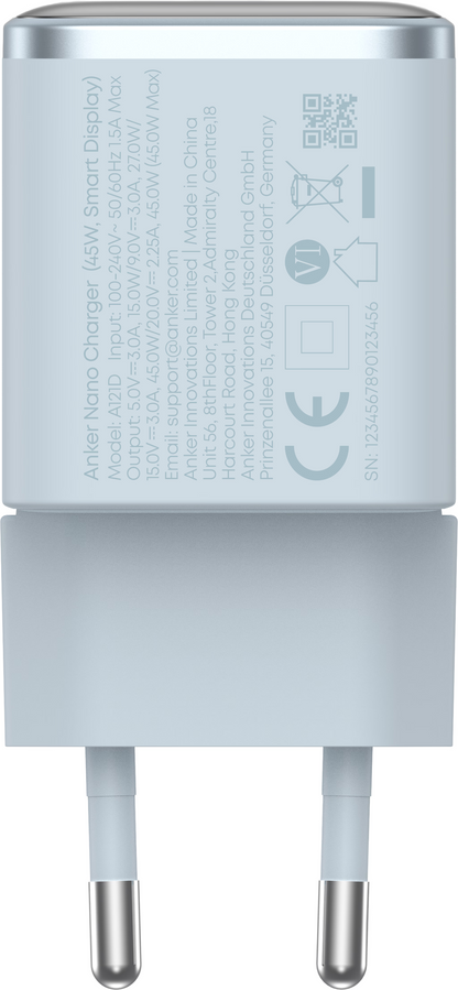 Chargeur secteur Anker Nano Display, 45W, 3A, 1 x USB-C, Bleu A121DG31