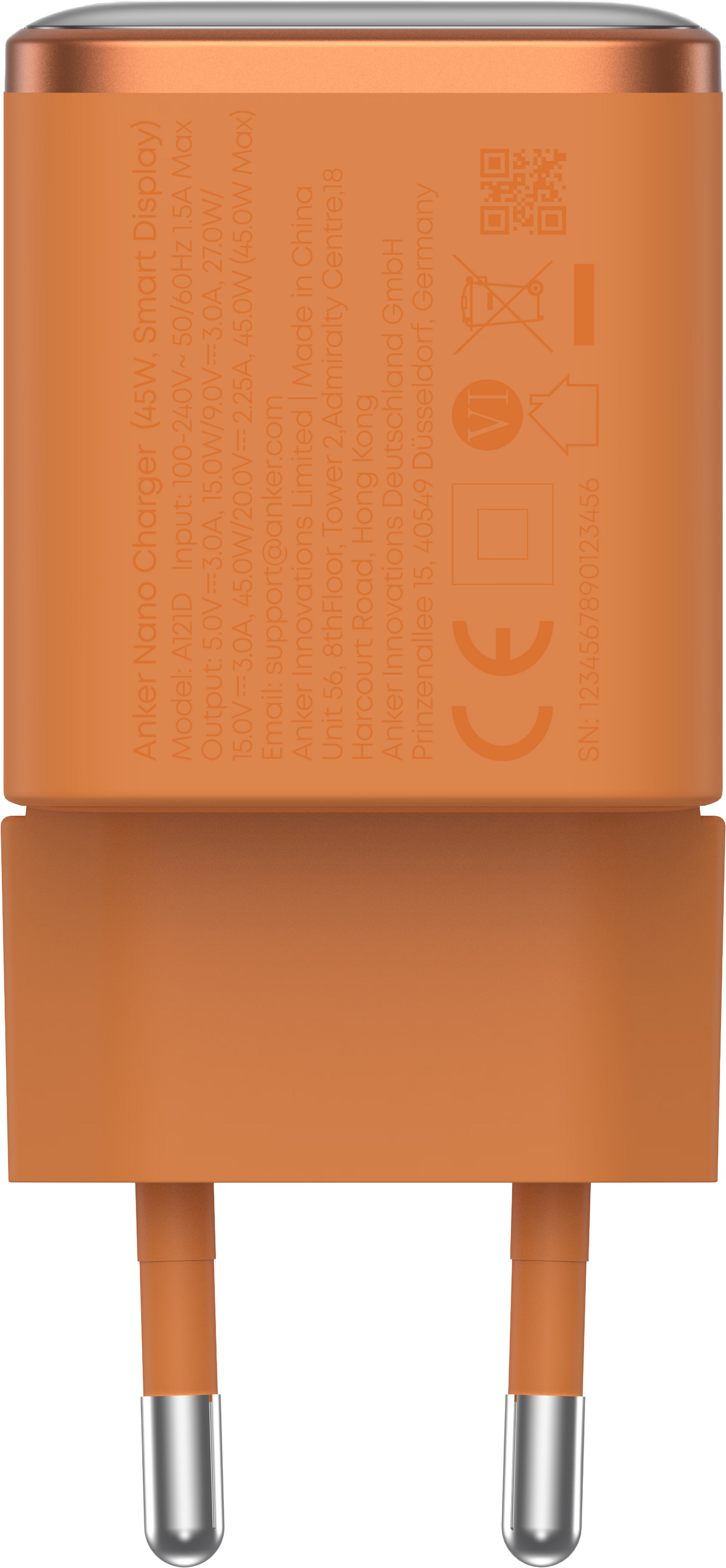Chargeur secteur Anker Nano Display, 45W, 3A, 1 x USB-C, Orange A121DGO1