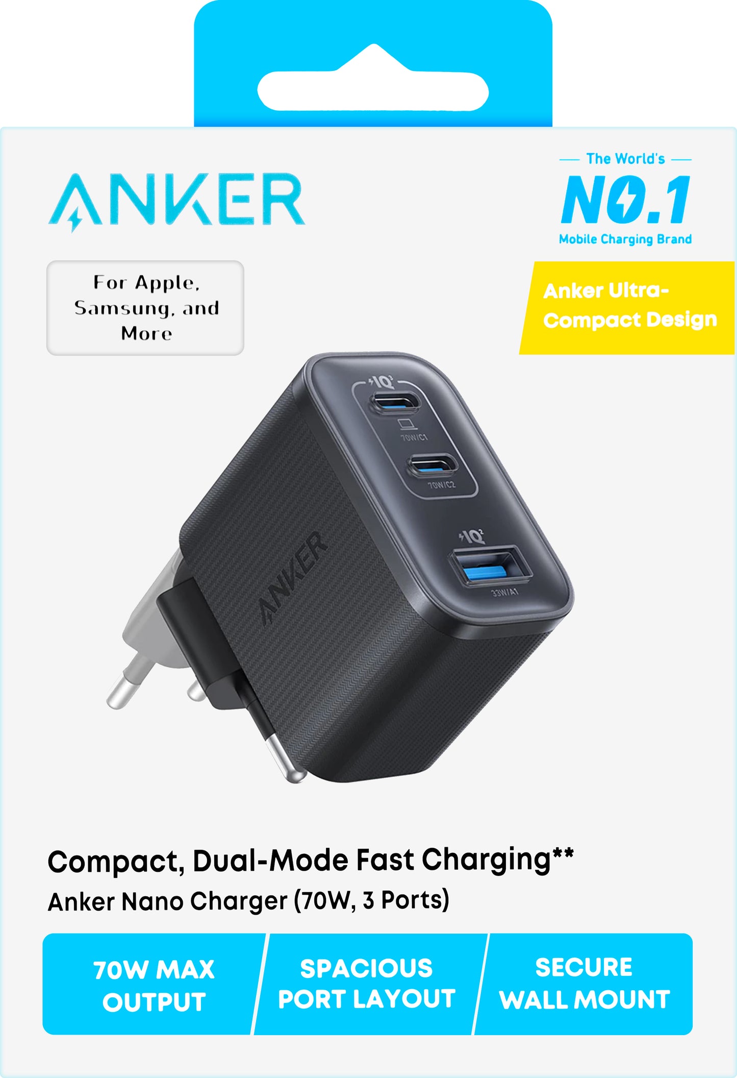 Chargeur Réseau Anker Nano, 70W, 3.5A, 1 x USB-A - 2 x USB-C, Noir A121AL11