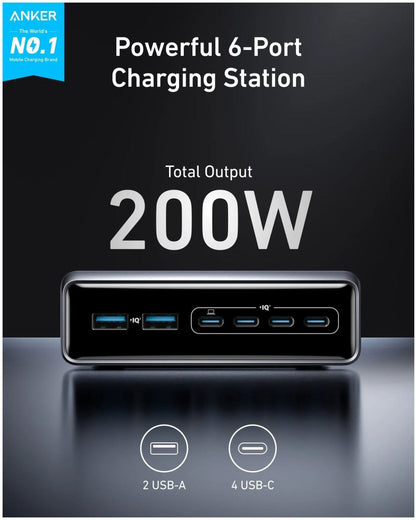 Chargeur réseau Anker Prime, 200W, 3A, 2 x USB-A - 4 x USB-C, Noir A2683341