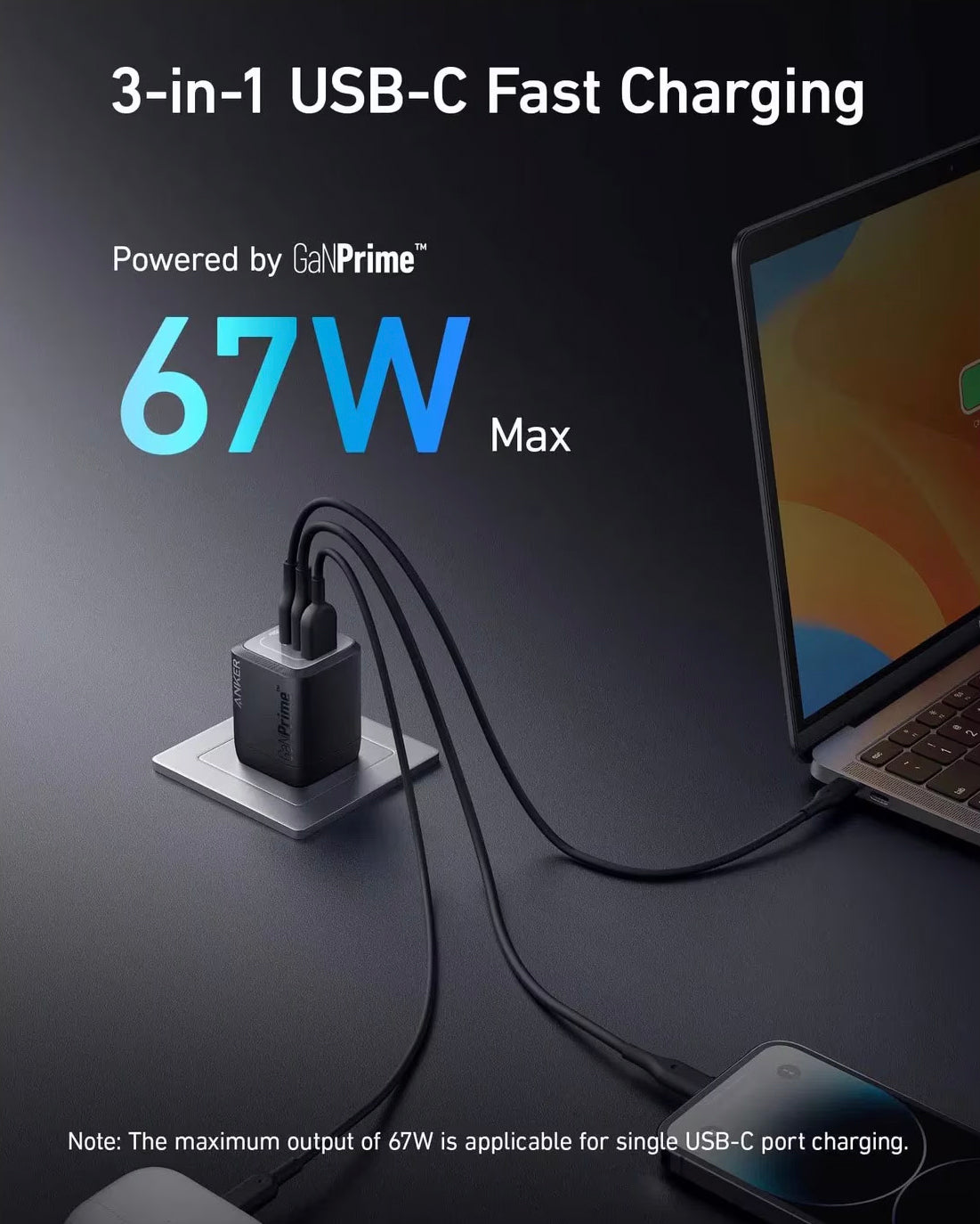 Chargeur réseau Anker Prime, 67W, 5A, 1 x USB-A - 2 x USB-C, Noir A2669313 