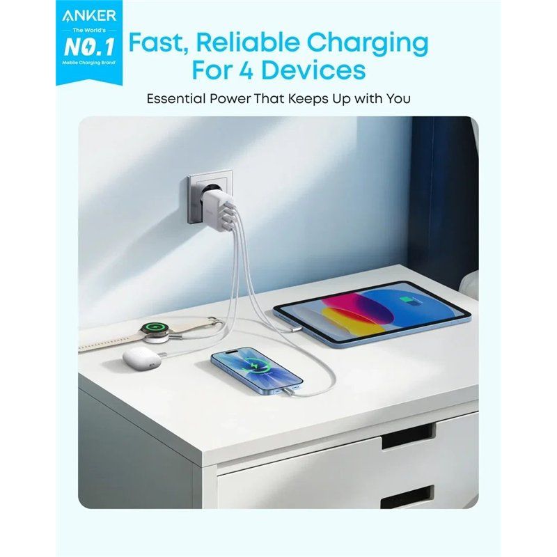 Chargeur secteur Anker Zolo, 50W, 3A, 2 x USB-A - 2 x USB-C, Blanc A121EG21