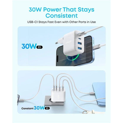 Chargeur secteur Anker Zolo, 50W, 3A, 2 x USB-A - 2 x USB-C, Blanc A121EG21