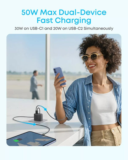 Anker Zolo Wall Charger, 50W, 3A, 2 x USB-A - 2 x USB-C, Black A121EG11