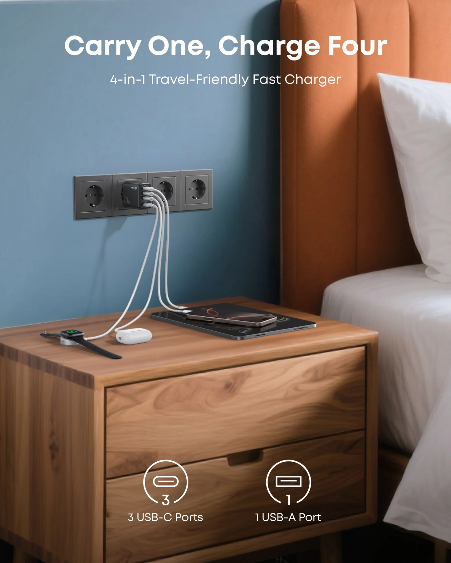 Anker Zolo Wall Charger, 70W, 1 x USB-A - 3 x USB-C, Black A121CG11