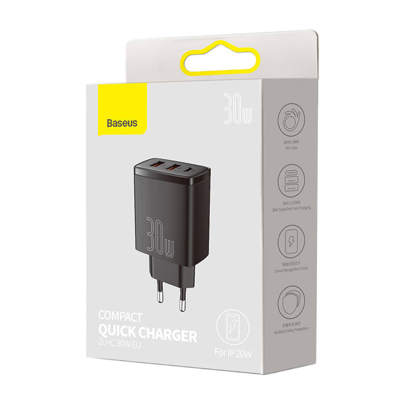 Baseus Chargeur réseau compact, 30W, 3A, 1 x USB-C - 2 x USB-A, Noir CCXJ-E01