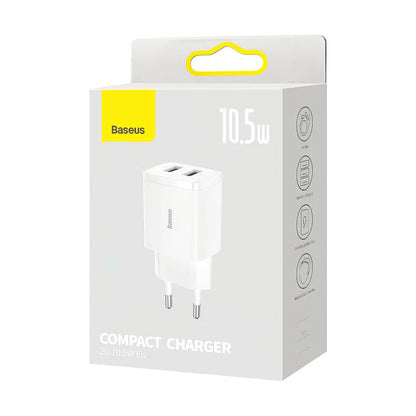 Chargeur Réseau Baseus Compact, 10.5W, 2.1A, 2 x USB-A, Blanc CCXJ010202