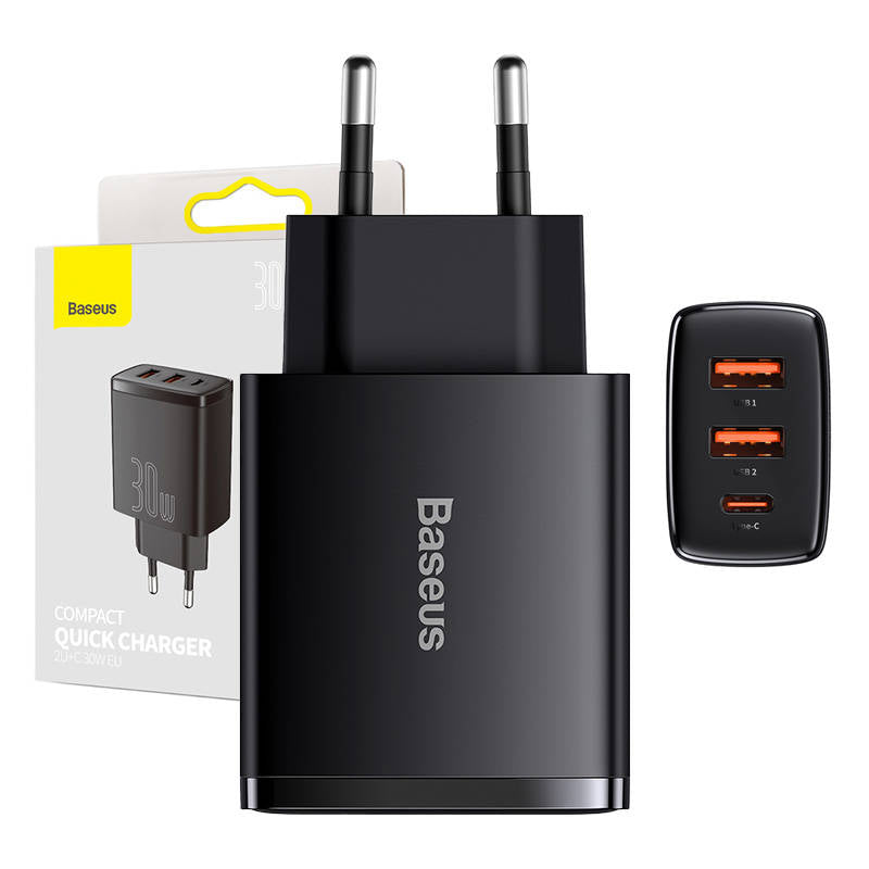 Baseus Chargeur réseau compact, 30W, 3A, 1 x USB-C - 2 x USB-A, Noir CCXJ-E01