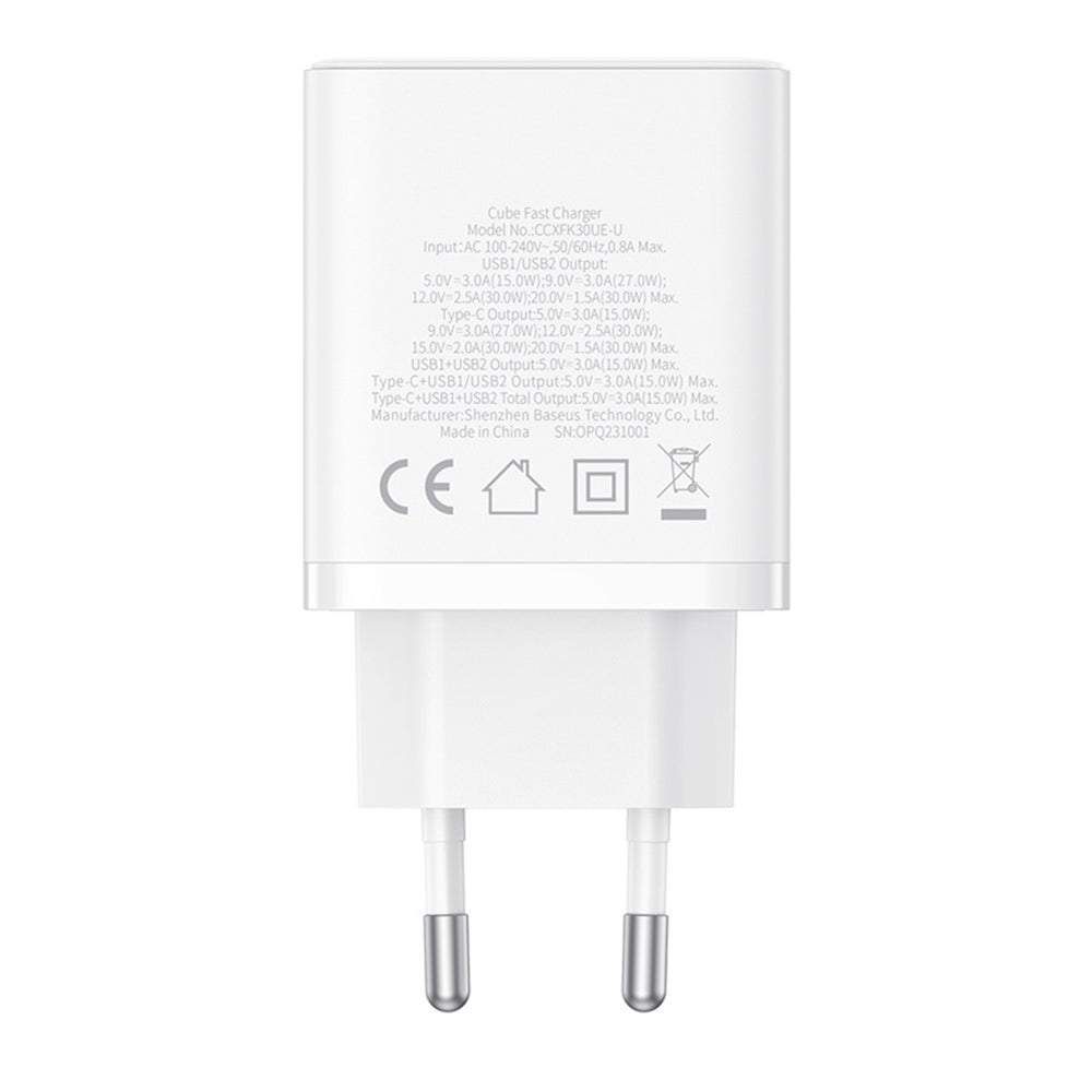 Chargeur Réseau Baseus Cube, 30W, 3A, 2 x USB-A - 1 x USB-C, Blanc P10111402213-00