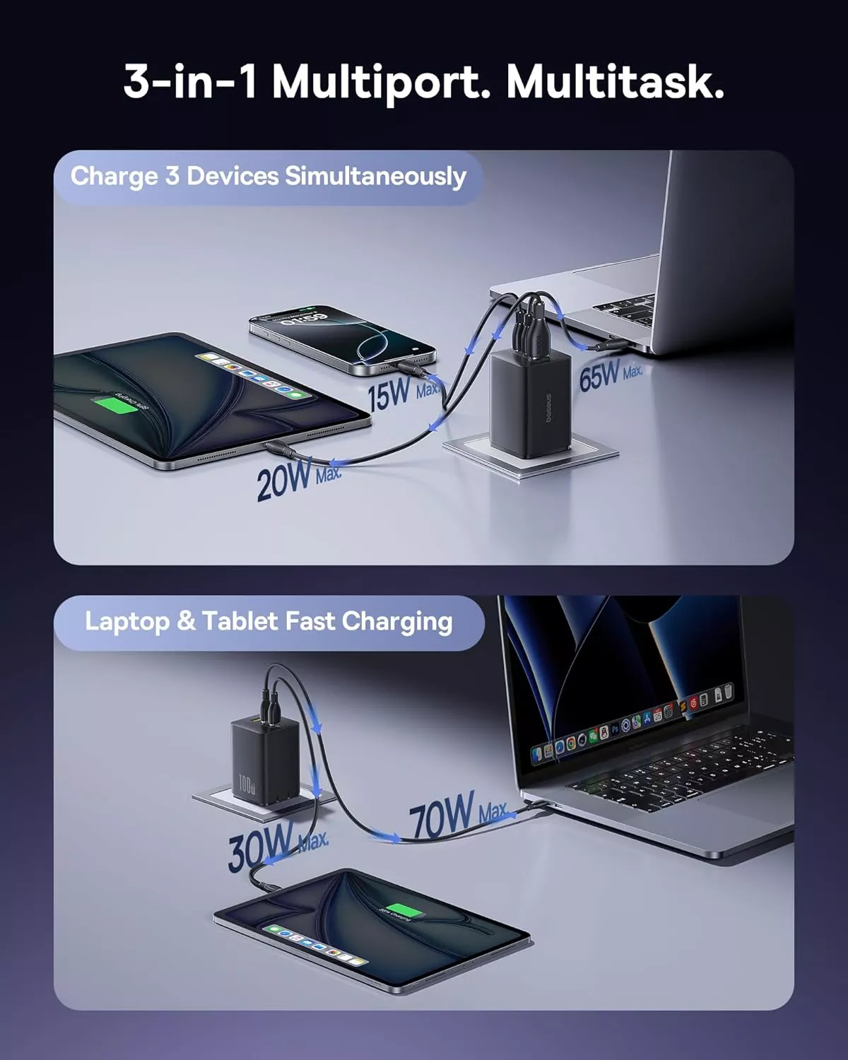 Chargeur Réseau Baseus EnerFill FE11, 100W, 5A, 1 x USB-A - 2 x USB-C, Gris P10182102123