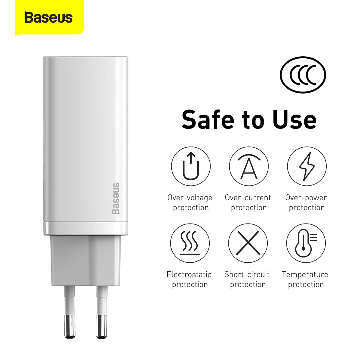 Chargeur réseau Baseus GaN2 Lite, 65W, 3A, 1 x USB-A - 1 x USB-C, blanc CCGAN2L-B02 