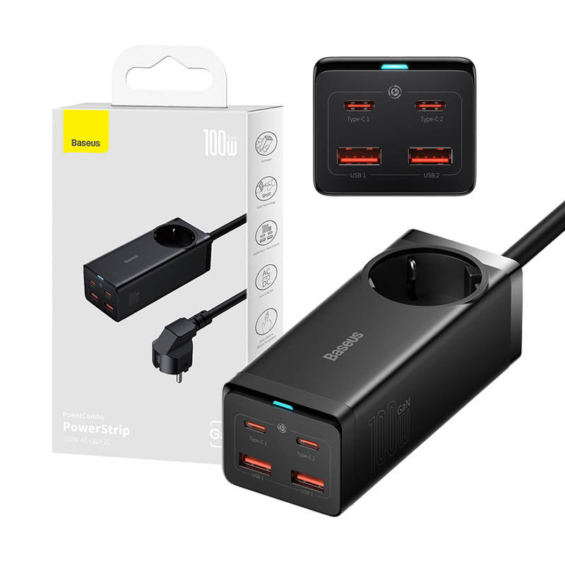 Chargeur réseau Baseus GaN3 Pro PowerStrip, 100W, 5A,2 x USB-A - 2 x USB-C - 1 x Schuko, Noir PSZM000401 PSZM000401 