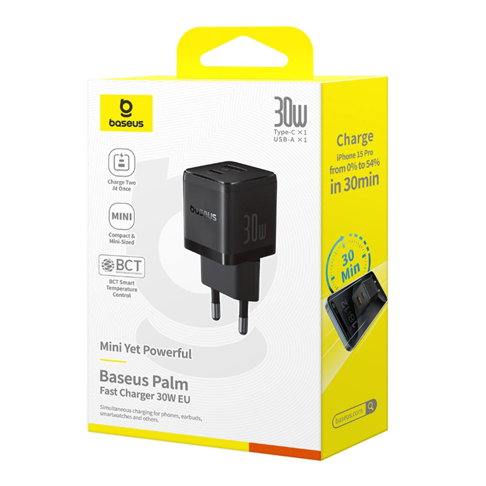 Chargeur Réseau Baseus Palm, 30W, 3A, 1 x USB-A - 1 x USB-C, Noir P1011160A113-00