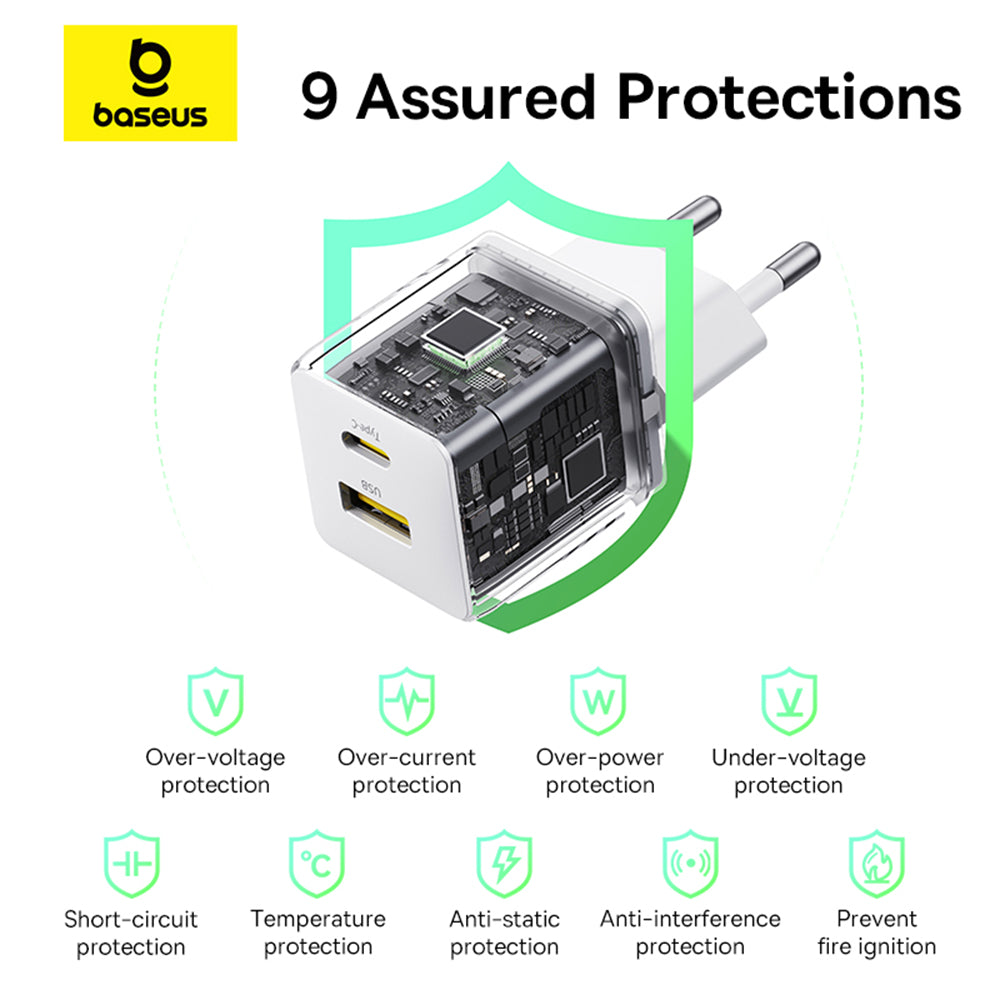 Chargeur Réseau Baseus Palm, 30W, 3A, 1 x USB-A - 1 x USB-C, Blanc P1011160A213-00