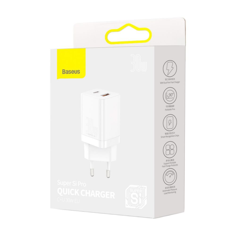 Chargeur réseau Baseus Super Si Pro, 30W, 3A, 1 x USB-A - 1 x USB-C, blanc CCSUPP-E02