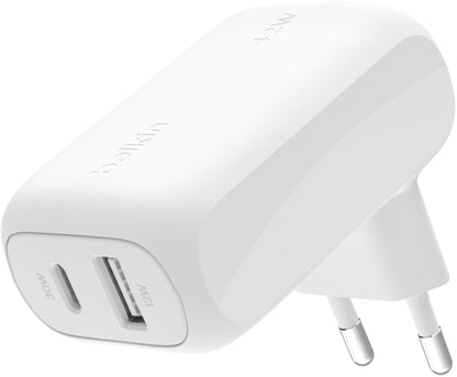 Chargeur secteur Belkin BoostCharge Dual, 42W, 3A, 1 x USB-A - 1 x USB-C, Blanc WCB009vfWH
