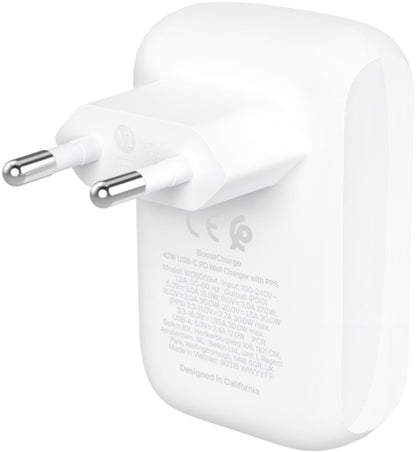 Chargeur secteur Belkin BoostCharge Dual, 42W, 3A, 1 x USB-A - 1 x USB-C, Blanc WCB009vfWH