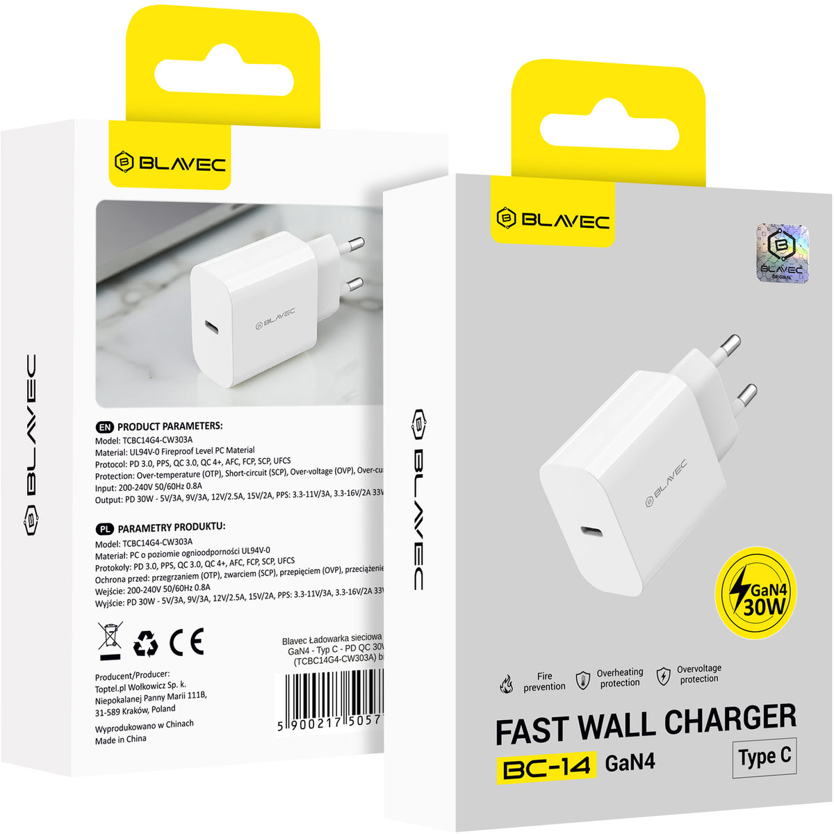 Chargeur secteur Blavec BC-14, 30 W, 3 A, 1 x USB-C, blanc
