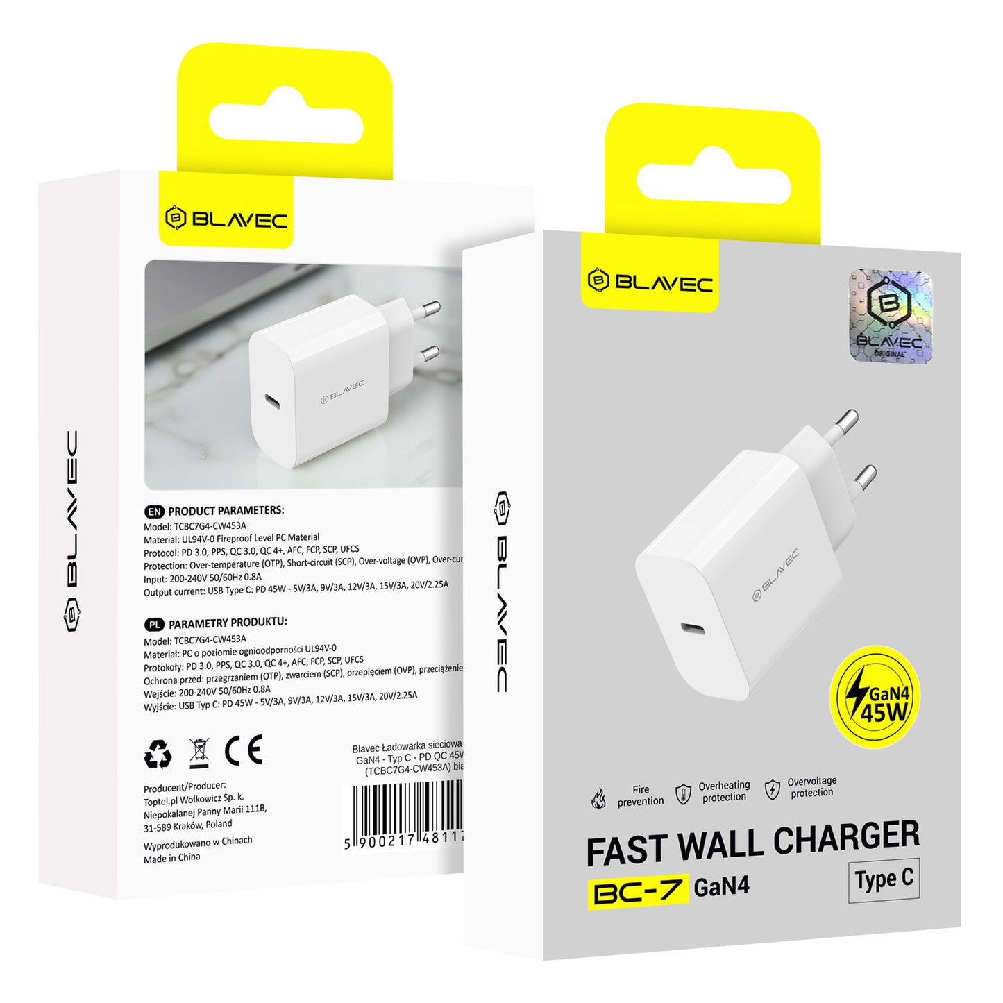 Chargeur Réseau Blavec BC-7, 45W, 3A, 1 x USB-C, Blanc