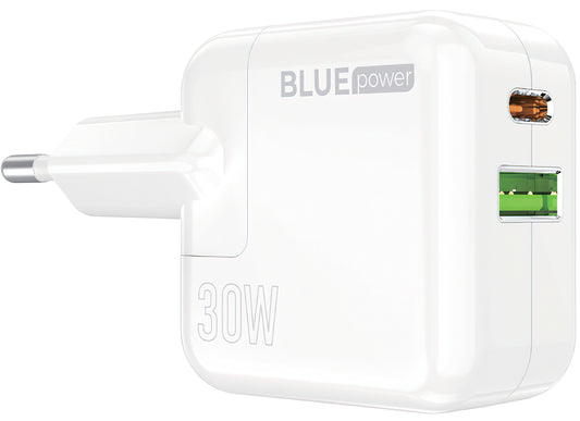 Chargeur réseau BLUE Power BC111A, 30W, 3A, 1 x USB-A - 1 x USB-C, blanc 