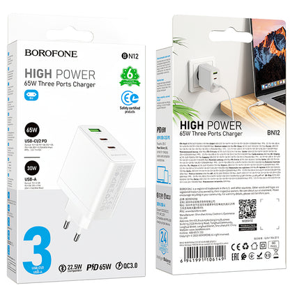 Chargeur réseau Borofone BN12, 65W, 5A, 1 x USB-A - 2 x USB-C, blanc