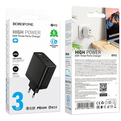 Chargeur réseau Borofone BN12, 65W, 5A, 1 x USB-A - 2 x USB-C, Noir