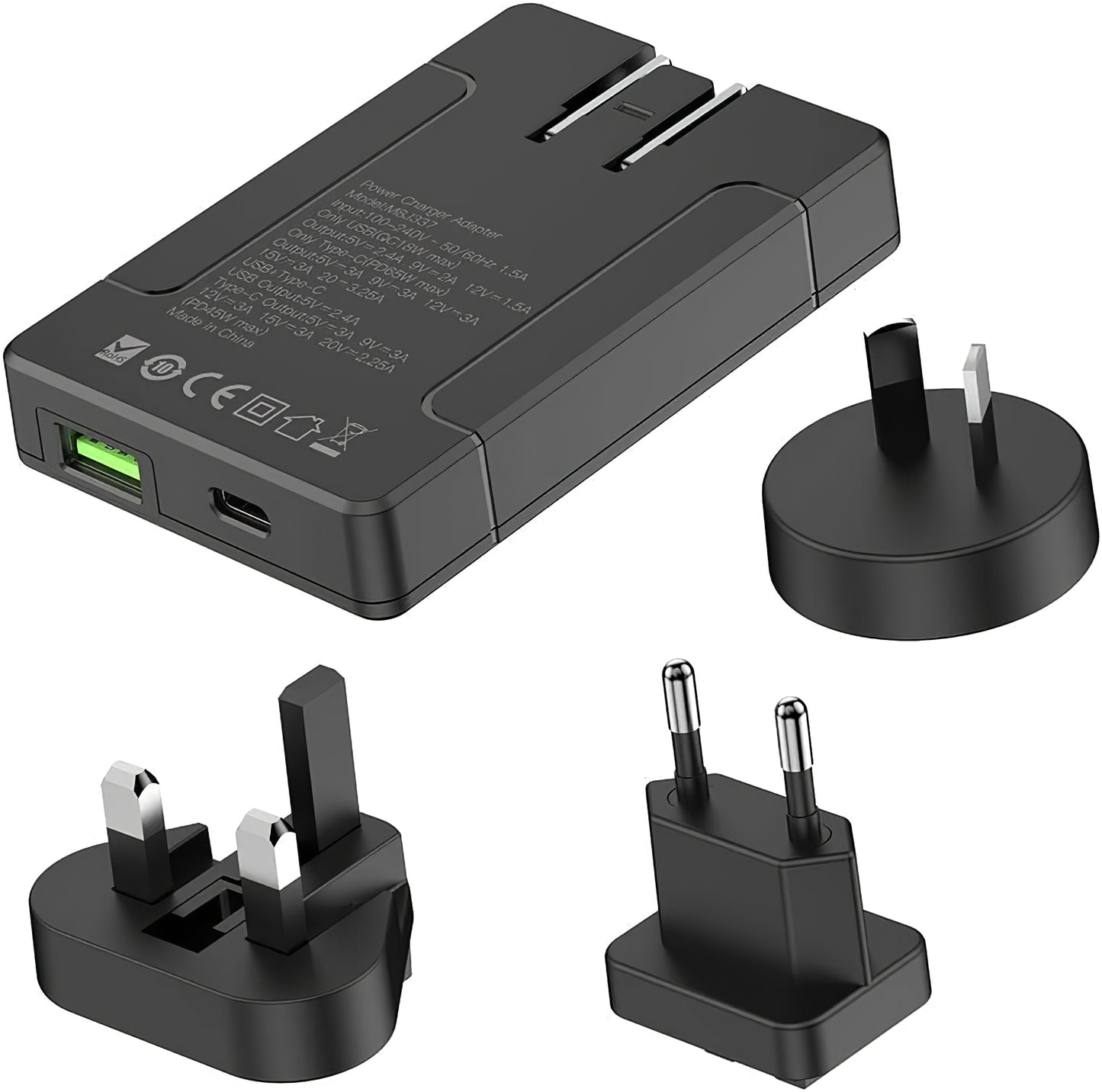 Chargeur réseau Budi, 65W, 3A, 1 x USB-A - 1 x USB-C, noir