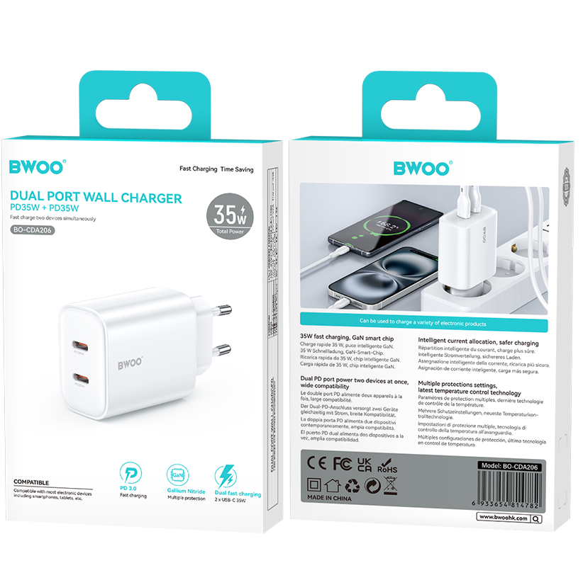 Chargeur secteur BWOO CDA206, 35W, 3A, 2 x USB-C, Blanc