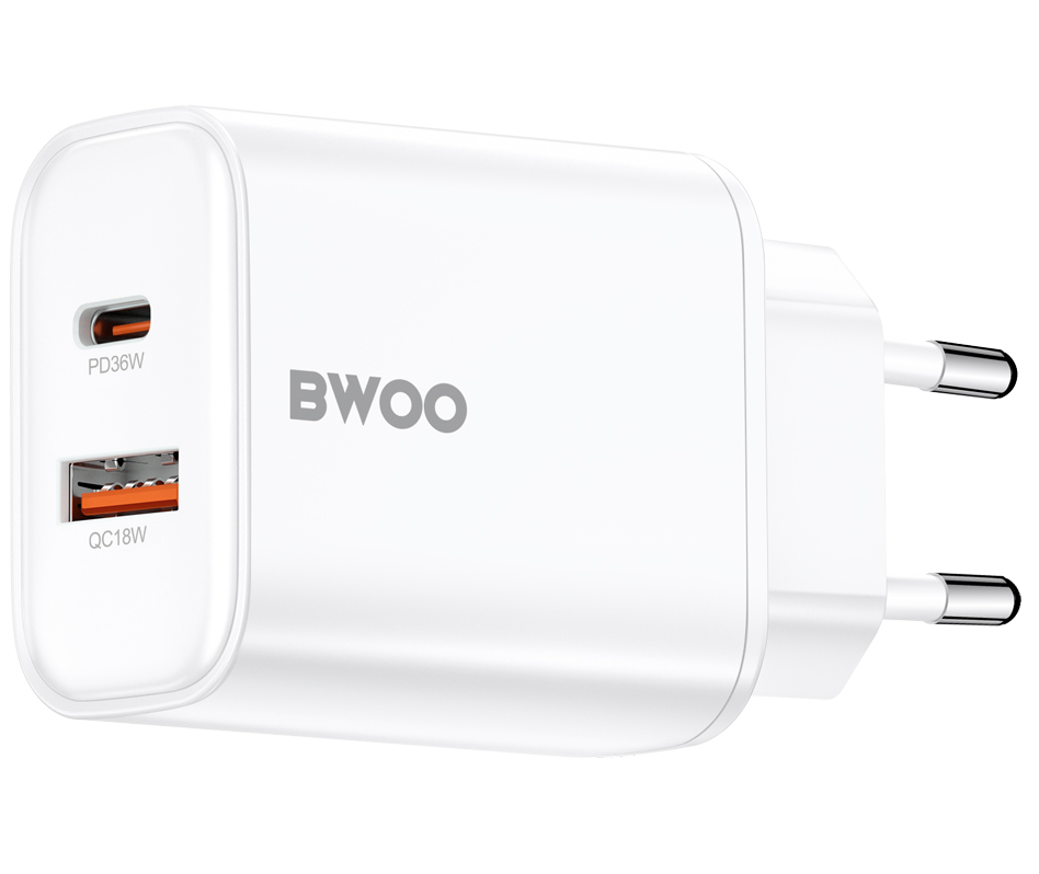 Chargeur Réseau BWOO CDA207, 36W, 3A, 1 x USB-A - 1 x USB-C, Blanc