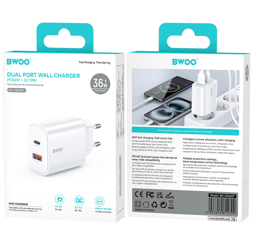 Chargeur Réseau BWOO CDA207, 36W, 3A, 1 x USB-A - 1 x USB-C, Blanc