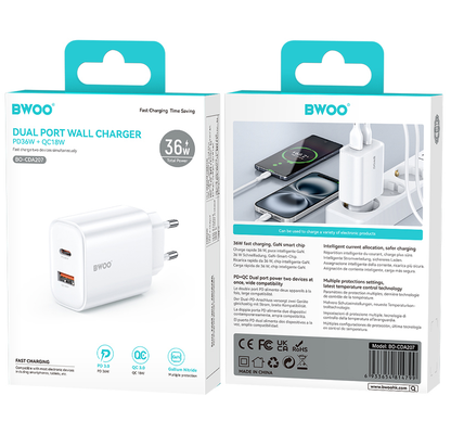 Chargeur Réseau BWOO CDA207, 36W, 3A, 1 x USB-A - 1 x USB-C, Blanc