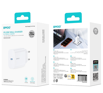 Chargeur Réseau BWOO CDA233, 20W, 3A, 1 x USB-C, Blanc