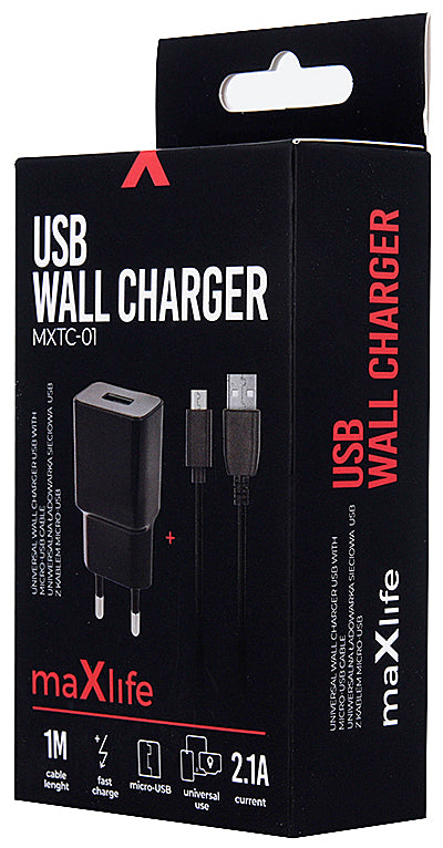 MaXlife MXTC-01 Chargeur réseau avec câble microUSB, 10,5W, 2,1A, 1 x USB-A, noir