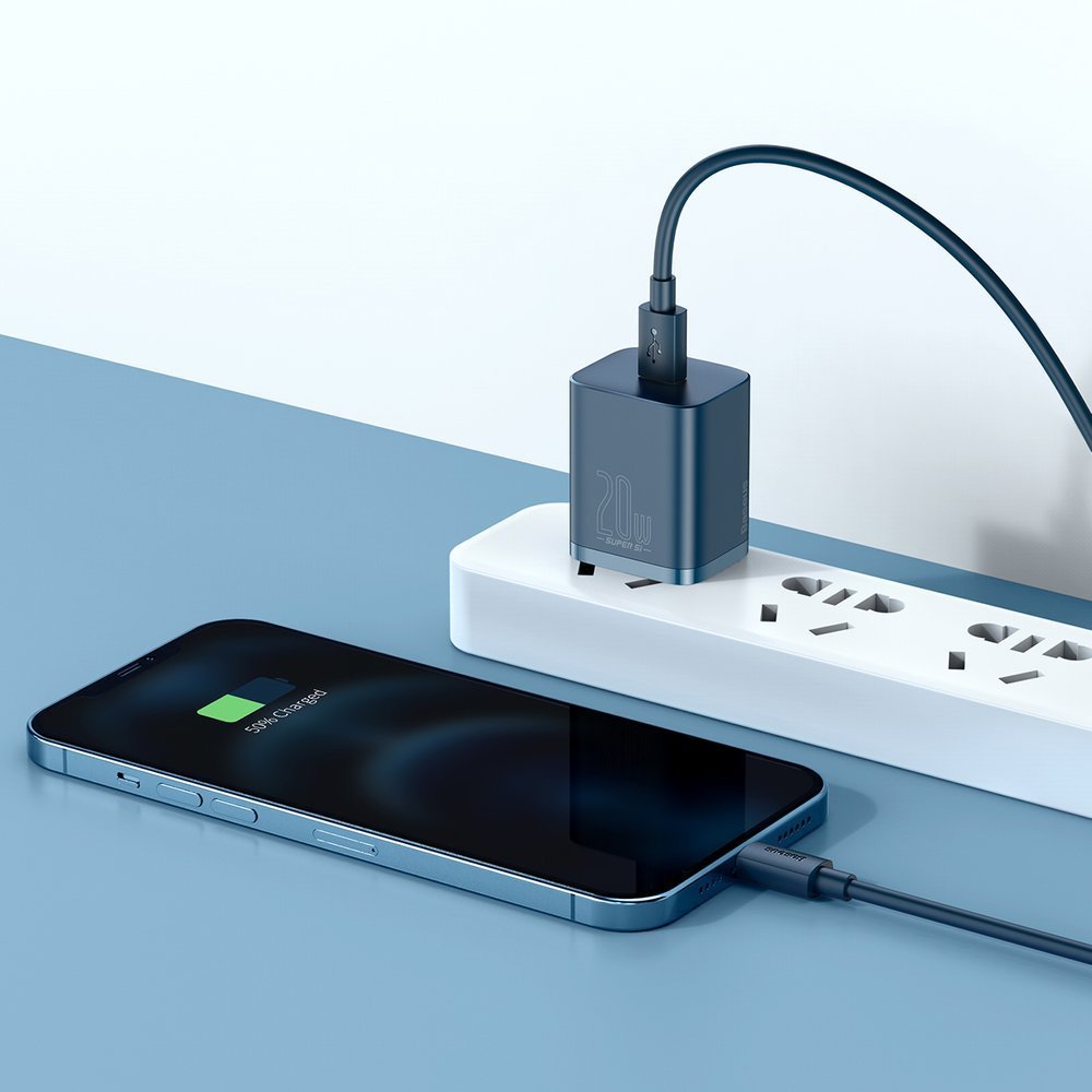 Baseus Chargeur réseau Super Si avec câble Lightning, 20W, 3A, 1 x USB-C, Bleu TZCCSUP-B03