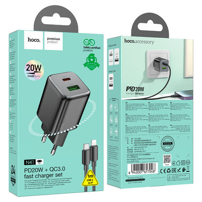 Chargeur réseau avec câble Lightning HOCO N41, 20W, 3A, 1 x USB-A - 1 x USB-C, Noir