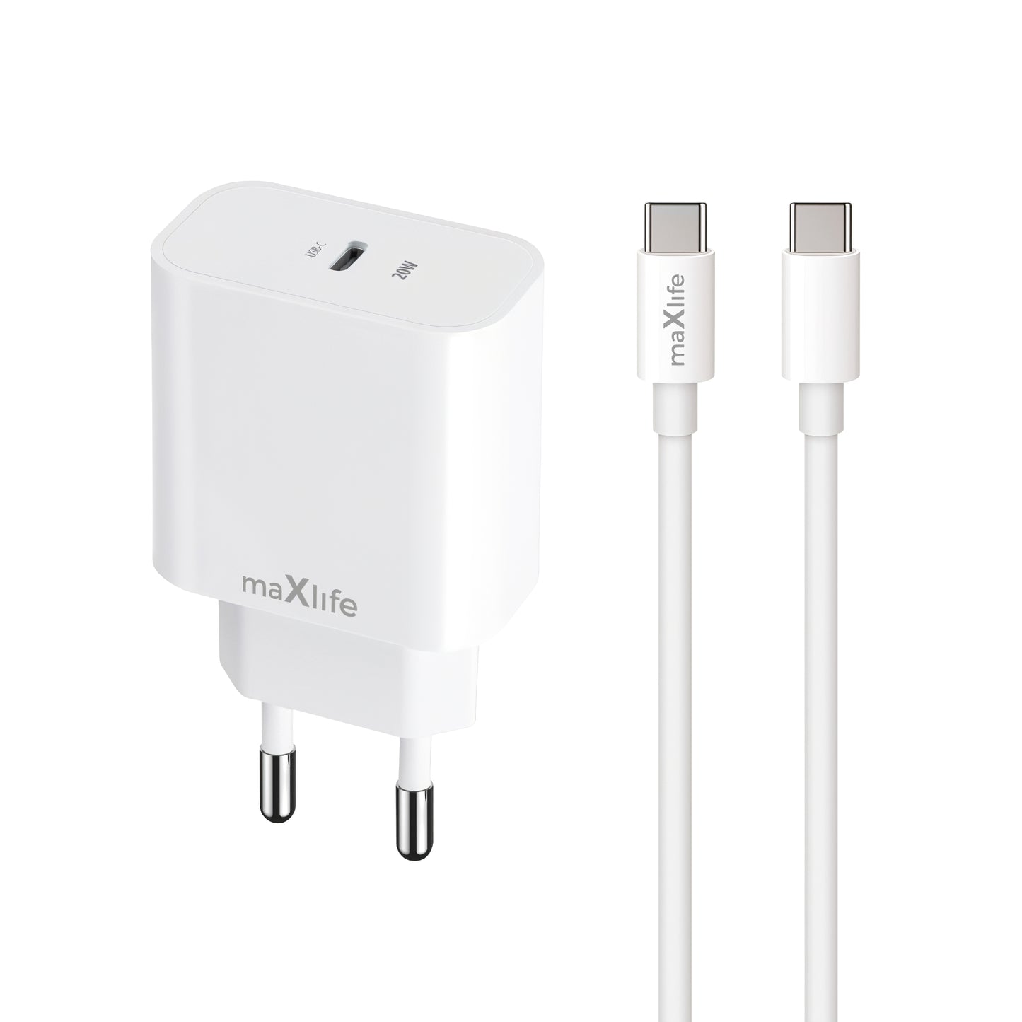 Chargeur secteur avec câble USB-C MaXlife MXTC-06-20C, 20W, 3A, 1 x USB-C, Blanc